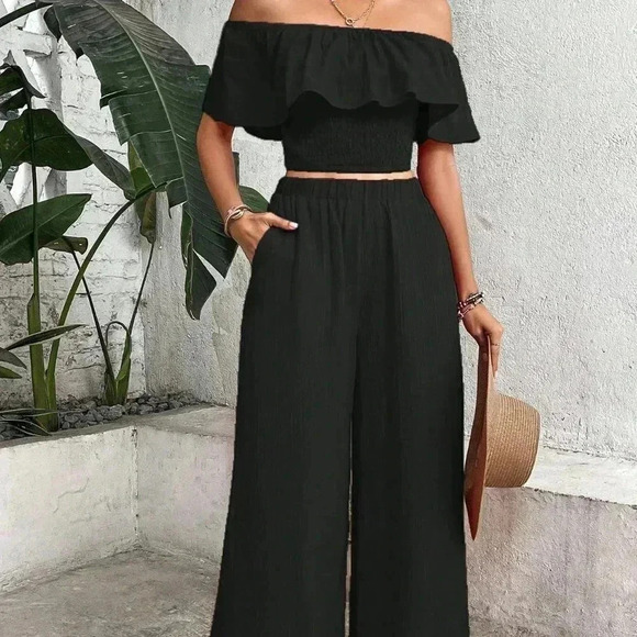Black Boho Womens Off Shoulder Ruffle Trim Top & Wide Leg Pants - Picture 5 of 5